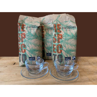 Actiepakket Biologische Koffiebonen + 2x Cappuccino kop en schotel - 