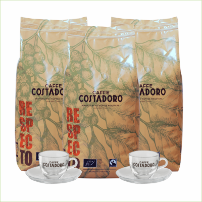 Actiepakket Biologische Koffiebonen + 2x Cappuccino kop en schotel - 