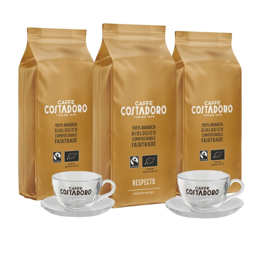 Actiepakket Biologische Koffiebonen + 2x Cappuccino kop en schotel - 