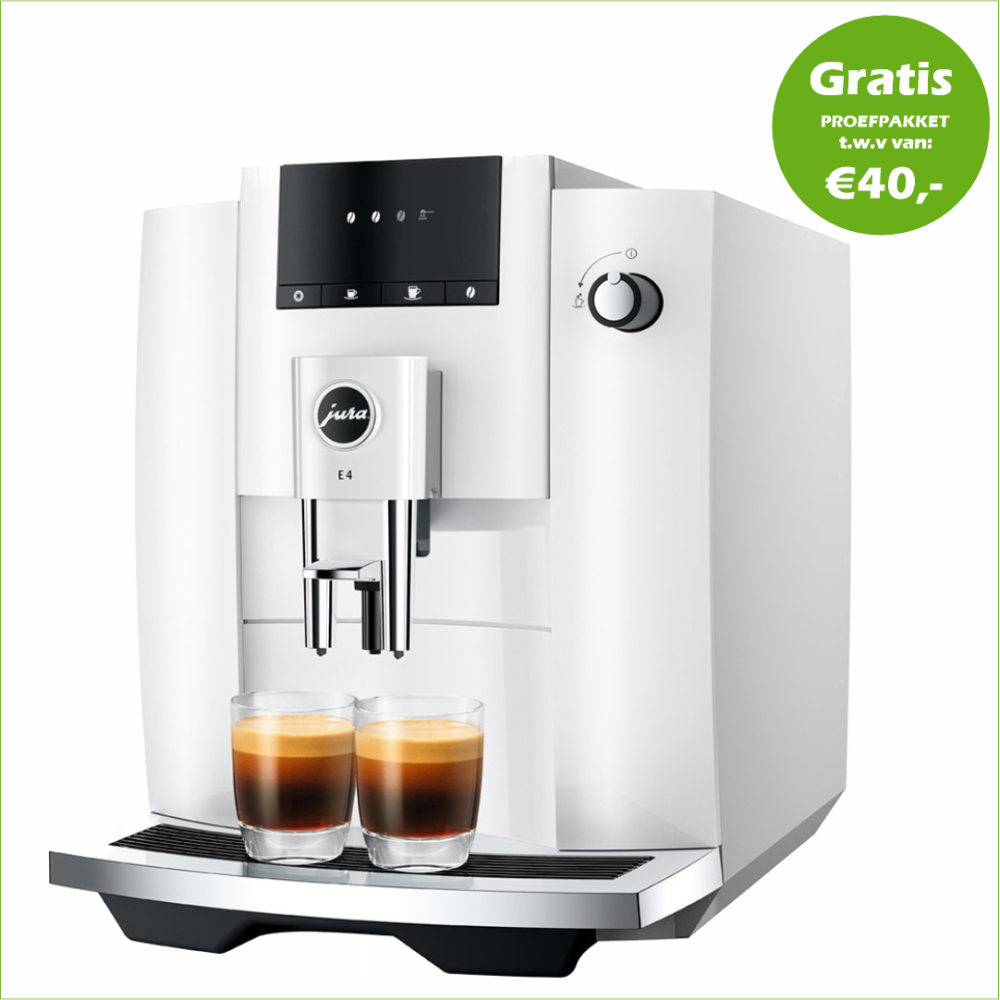 JURA E4 Piano White EUR 739,- en gratis proefpakket nu scherp geprijsd